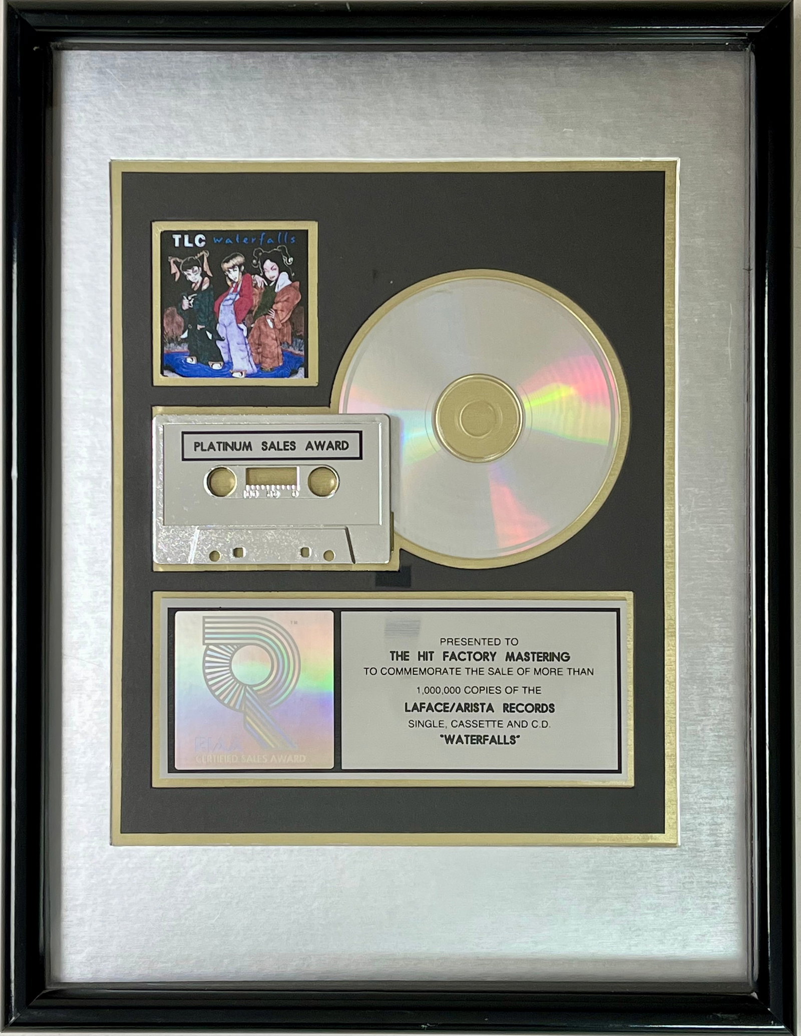TLC "Waterfalls" RIAA Platinum Single Award: RIAA Platinum Single Award for TLC song "Waterfalls". Released on May 19, 1995, it was certified Platinum by the RIAA for one million copies sold later that year on July 13.* Remember Lisa "Left 