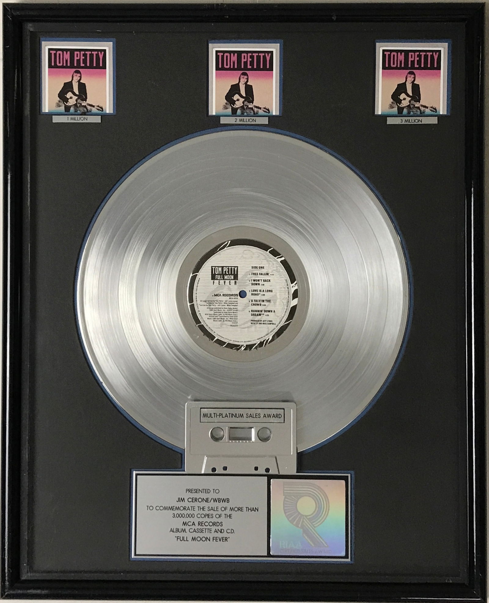 Tom Petty Full Moon Fever RIAA 3x Multi-Platinum Album Award: RIAA 3x Multi-Platinum Album Award for Tom Petty album Full Moon Fever, which was Petty's debut solo album released on April 24, 1989. It was certified Platinum by the RIAA on March 13, 1990