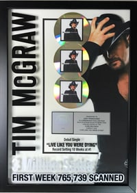 Tim McGraw Live Like You Were Dying RIAA 3x Multi-Platinum Album Award