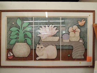 Carol Jablonsky ... Title : Summer Table, White Cat. Triptych ( Lithography )