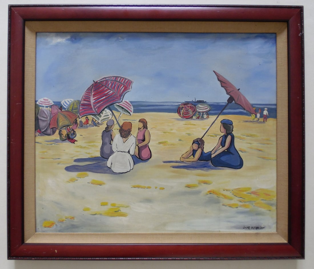 Jane Peterson : UNTITLE ( Beach Scene ): Jane Peterson (1876 - 1965) ( NO COA ) ATRIBUTEDMedium : Oil on Masonite.Size : 20"H x 24"W inches Year Created: C 1935Artist Biography :Jane Peterson Born: 1876 - Elgin, IllinoisDied: 1965 - Leawood,