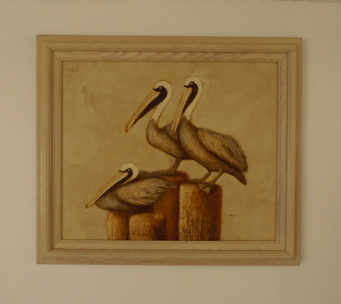 Artist : Cooper : 3 pelicans on the prowl .: Artist : Cooper ( Untitle ) 3 pelicans on the prowl . Framed Wall Art Retro, Size: 20"H x 24"W, Year Created: NOT DATED Signature: Signed Lower Right , Medium/Ground: OIL ON CANVAS