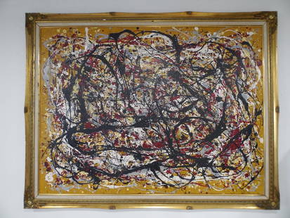 Jackson Pollock (1912 - 1956) ( no coa ) in the style of ( atributed ): Jackson Pollock (1912 - 1956) ( in the style of ) Size: 36"H X 48"W . Year Created: Not Dated Signature: Signed ( lower left) , Medium/Ground : Mixed Media on canvas Jackson Pollock Born: 1912 - Cody,