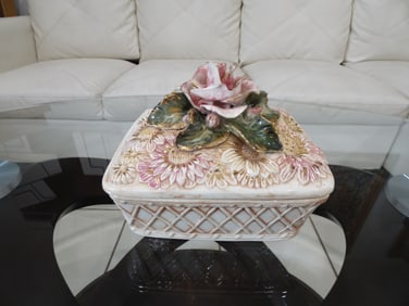 Vintage glazed ceramic decorative box with embossed flowers