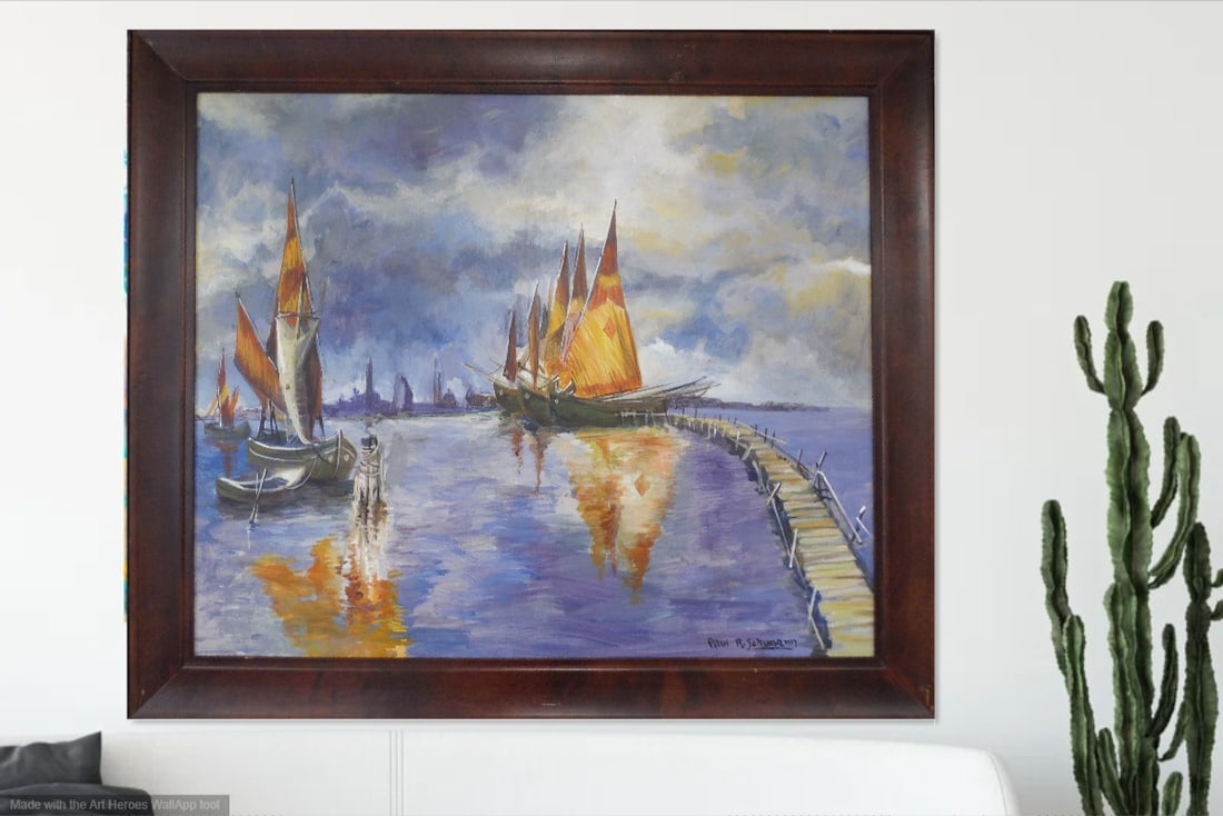 Paul Schumann: Untile ( . "Sailboats at Dawn" ): Paul Schumann: Untile ( . "Sailboats at Dawn" ).. Atributed ( No Coa ) .. Sold As is"..Size: 20"H x 24"W..Year Created: not Dated..Signature: Signed Lower Right..Medium/Ground: Oil on masonite..Biogra