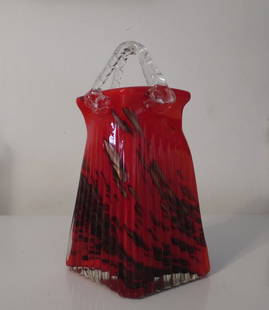 Vintage Red Purse Bag: Vintage Red Purse Bag Blown Glass Art Gold Blown Glass Murano( Glass Handle Purse )Measure : 10 x 6 x 4 in
