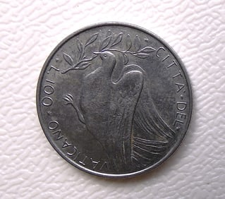 Vatican City 100 Lire Coin 1974 Dove of Peace - Pope Paul VI - Stainless Steel - Excellent Condition