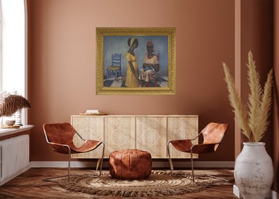 In the style of Eldzier Cortor – Social Realist Composition, Oil on Masonite