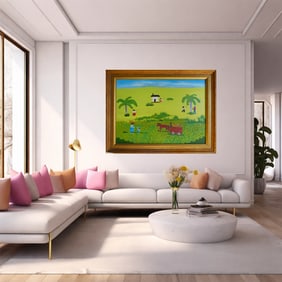 In the style of Clementine Hunter – Folk Art Plantation Scene, Oil on Masonite