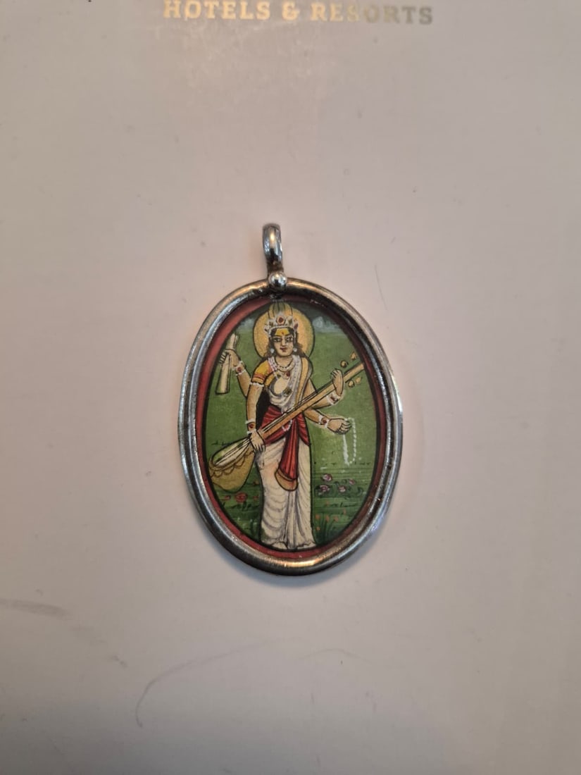 Vintage Indian Miniature Painting Sterling Silver 925 Goddess Saraswati Pendant (1 of 5)