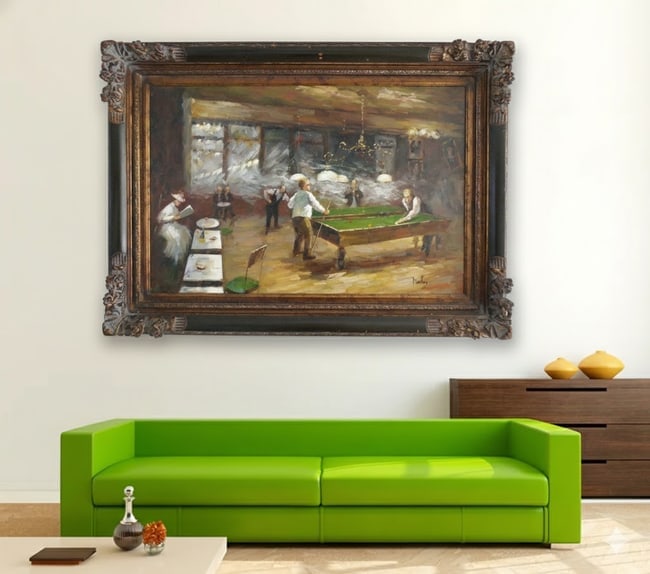 John Charles Haley (1905-1991) – "The Billiard Players", Mid-Century Oil on Canvas: Signed "Haley" in the lower right corner ...** **Acquired from Community Family Thrift Store, next to Goodwill and Red White & Blue Thrift Store (901 E 10th Ave #12), Hialeah, FL.** Large mid-century