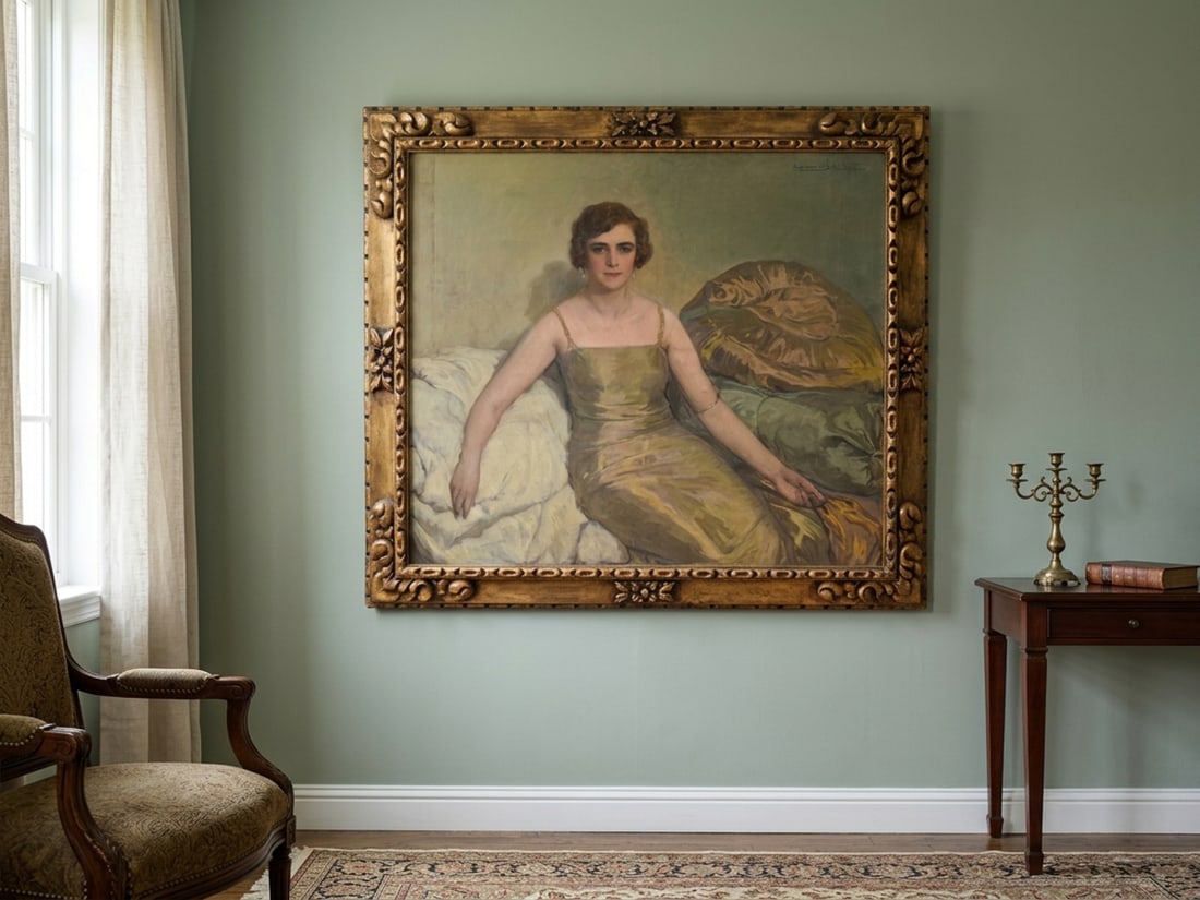 Important Portrait of a Seated Lady in a Golden Dress (1923): Title: Important Portrait of a Seated Lady in a Golden Dress (1923).Artist: Anselmo Miguel Nieto (Spanish, 1881–1964).Medium: Oil on canvas.Canvas Dimensions: 41 x 47 in. (104.1 x 119.4 cm.) frame