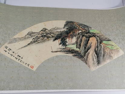 A Fine Chinese watercolour land-mountain scape Fan leaf: Qing dynasty, Yang Borun,(1837-1911) born Yang Peifu, was a well-known Chinese poet, calligrapher, and painter of the Shanghai School. Yang was born to a scholarly family in Jiaxing, Zhejiang, he arri