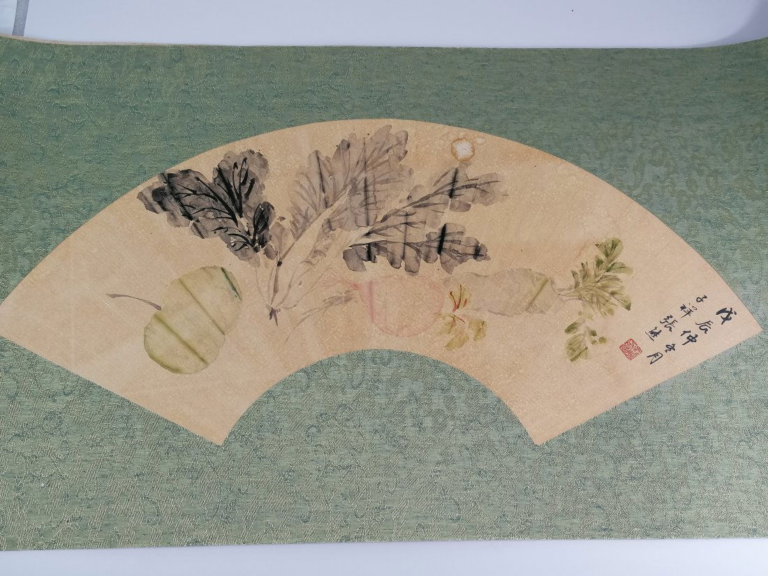 A watercolour fan leaf: Qing dynasty, Chinese Ink and watercolour painting scholar Zhang Xiong（1803-1886）, painted various vegetable and fruits. Inscribed, signed and sealed of the artist. Size of the leaf: 50x