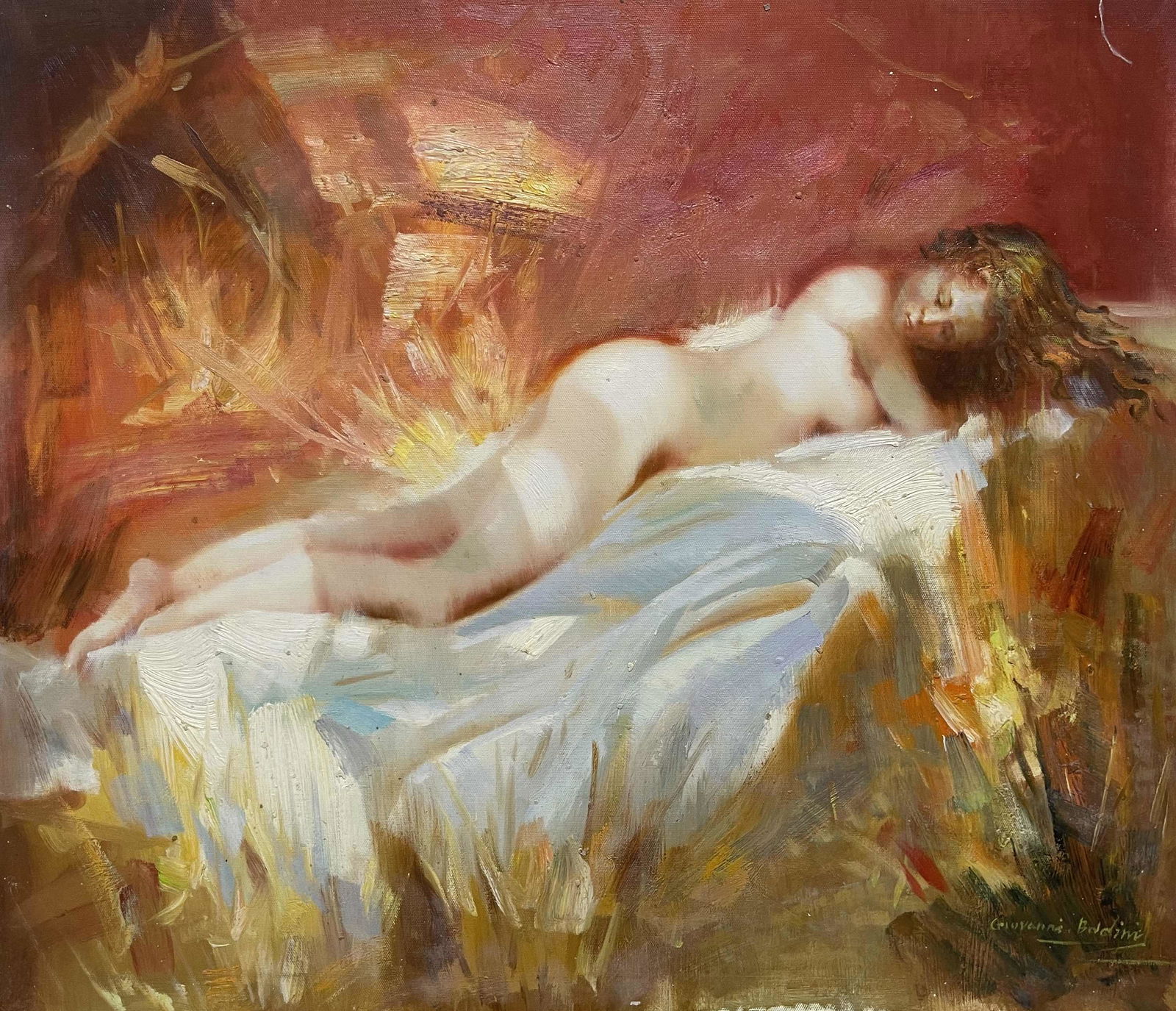 Oil Painting on Canvas Naked lady by Giovanni Boldini 1842-1931: painted on Canvas, a naked lying down on fabirc sround autum view. Signed by Giovanni Boldini. Giovanni Boldini was an Italian genre and portrait painter who lived and worked in Paris for most of his