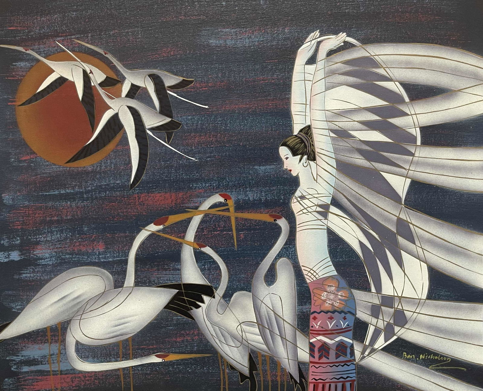 Oil Painting on canvas, a oriental lady with red-crowned cranes. Ben Nicholson (1 of 1)