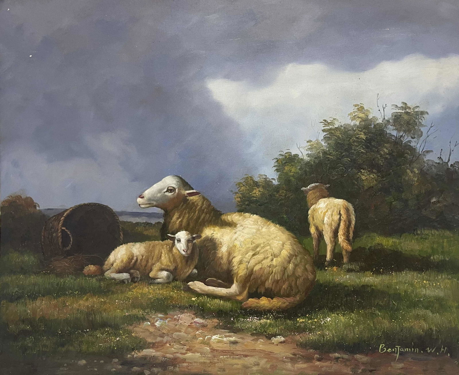 Benjamin.W.H. Oil painting Sheepâ€™s family on Canvas (1 of 1)