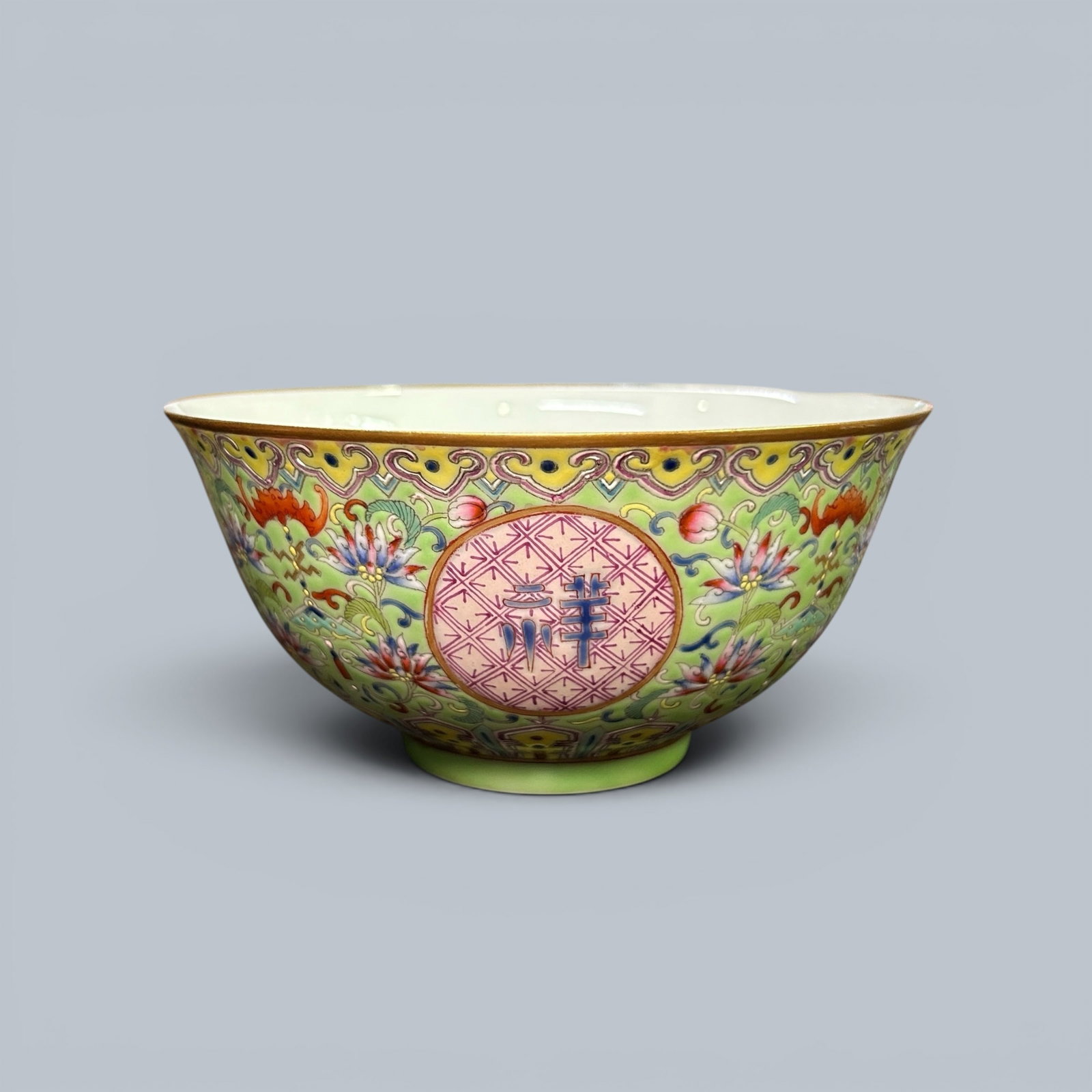 Chinese Art, A Famille Rose Bowl Decorated with Floral and Calligraphic Motifs, 18th Century, Qing: Chinese Art, A Famille Rose Bowl Decorated with Floral and Calligraphic Motifs, 18th Century, Qing Dynasty, Height 6 cm, Diameter 12.2 cm.