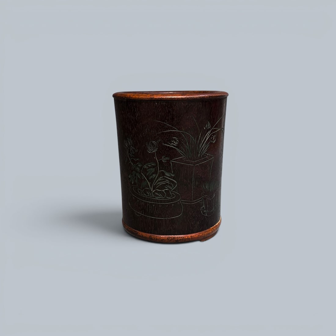 Chinese Art, A Carved Wooden Brush Pot Decorated with Green-Enamel Antiquities Motifs, 16th-19th: Chinese Art, A Carved Wooden Brush Pot Decorated with Green-Enamel Antiquities Motifs, 16th-19th Century, Qing Dynasty, Height 11.8 cm, Diameter 9.7 cm.