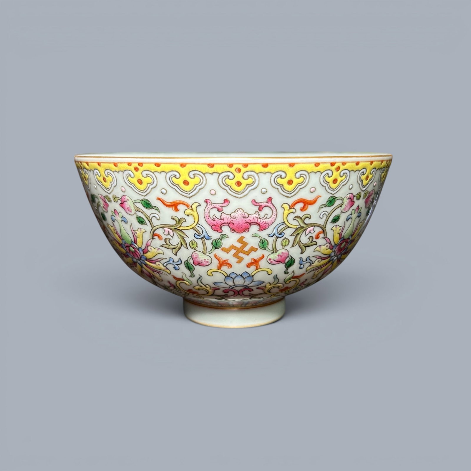 Chinese Art, A Famille Rose Bowl Decorated with Bats and Floral Motifs, 18th Century, Qing Dynasty: Chinese Art, A Famille Rose Bowl Decorated with Bats and Floral Motifs, 18th Century, Qing Dynasty, Height 6.7 cm, Diameter 12.5 cm.