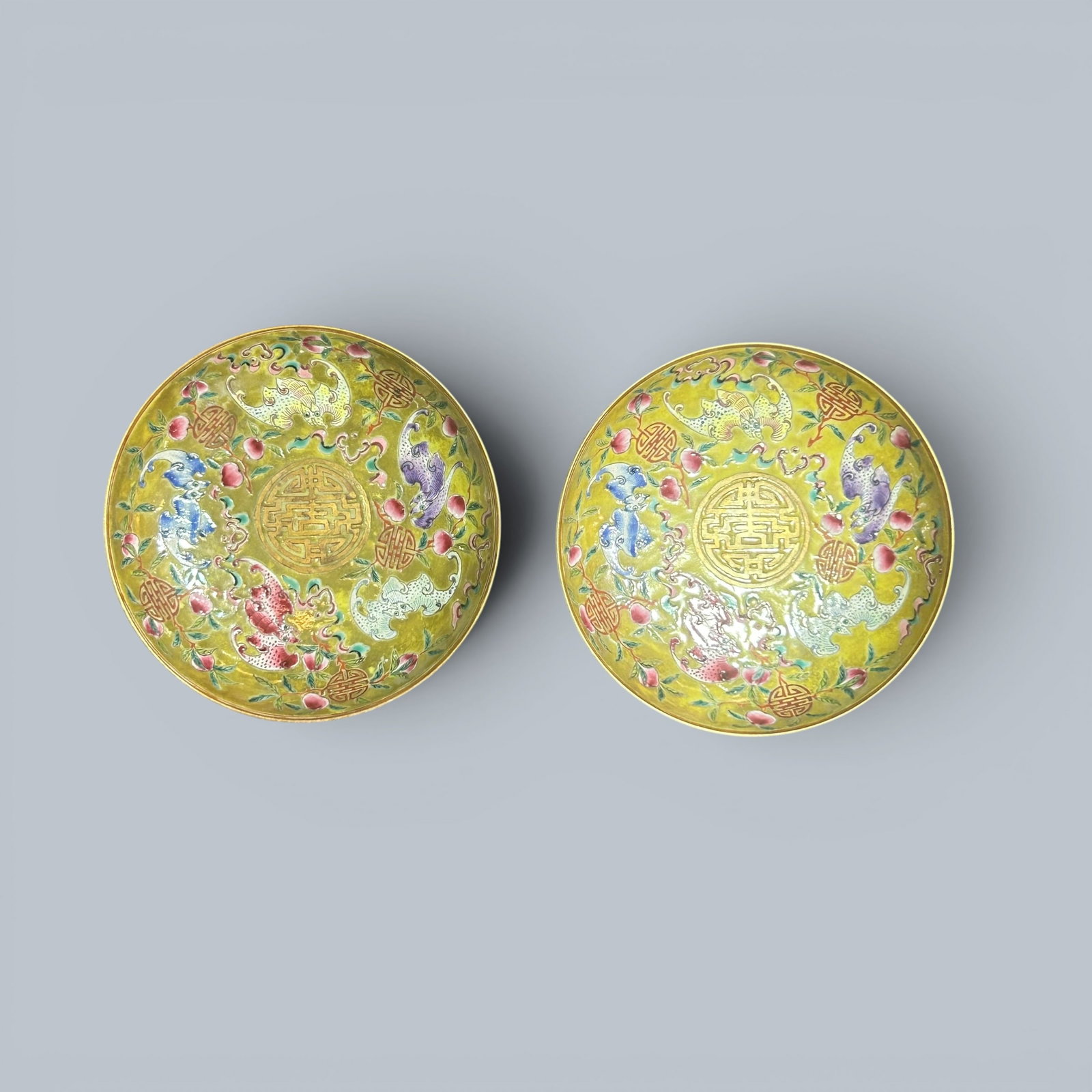 Chinese Art, A Pair of Famille Rose Dishes Decorated with Bats and Floral Motifs, 19th Century, (1 of 13)