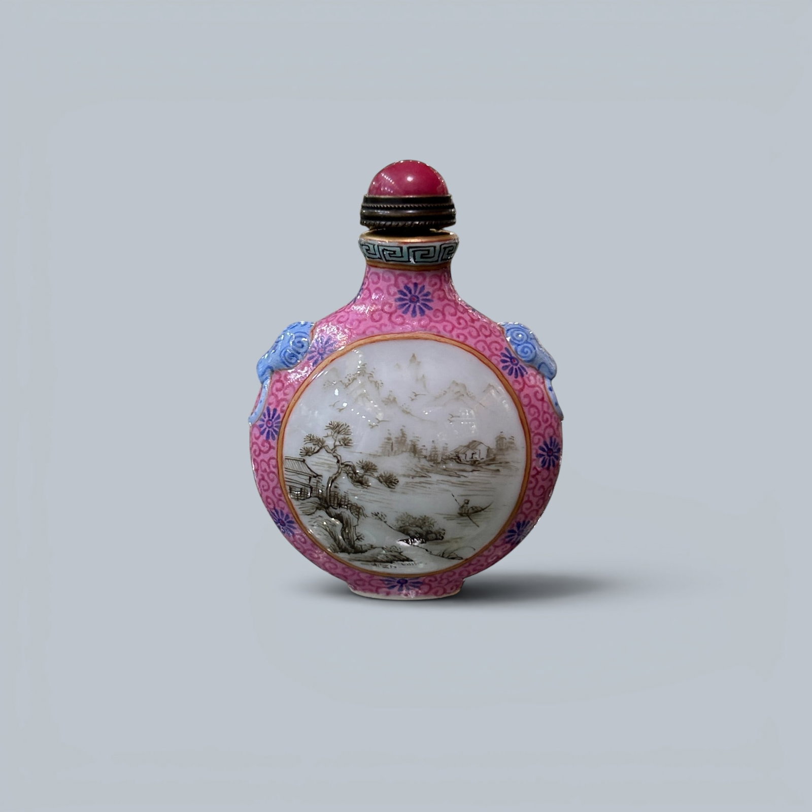 Chinese Art, A Glass Snuff Bottle Decorated with Landscape Scenes, 18th Century, Qing Dynasty: Chinese Art, A Glass Snuff Bottle Decorated with Landscape Scenes, 18th Century, Qing Dynasty, Height 6.8 cm.