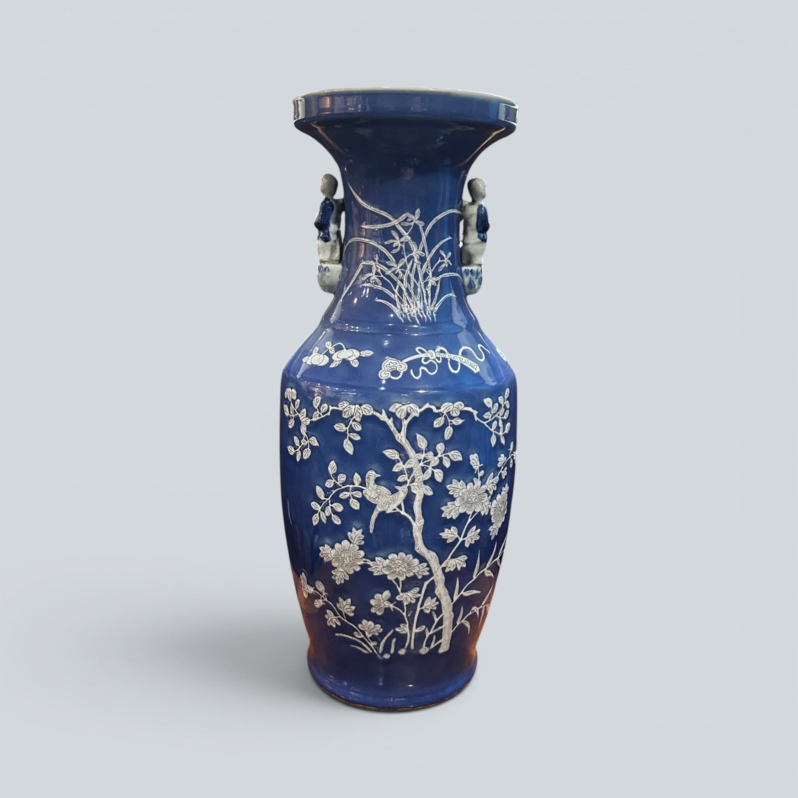 Chinese Art, A Blue-Glazed Vase Decorated with Birds and Flowers, 18th Century, Qing Dynasty: Chinese Art, A Blue-Glazed Vase Decorated with Birds and Flowers, 18th Century, Qing Dynasty, Height 62 cm Condition Report:good condition, no issues