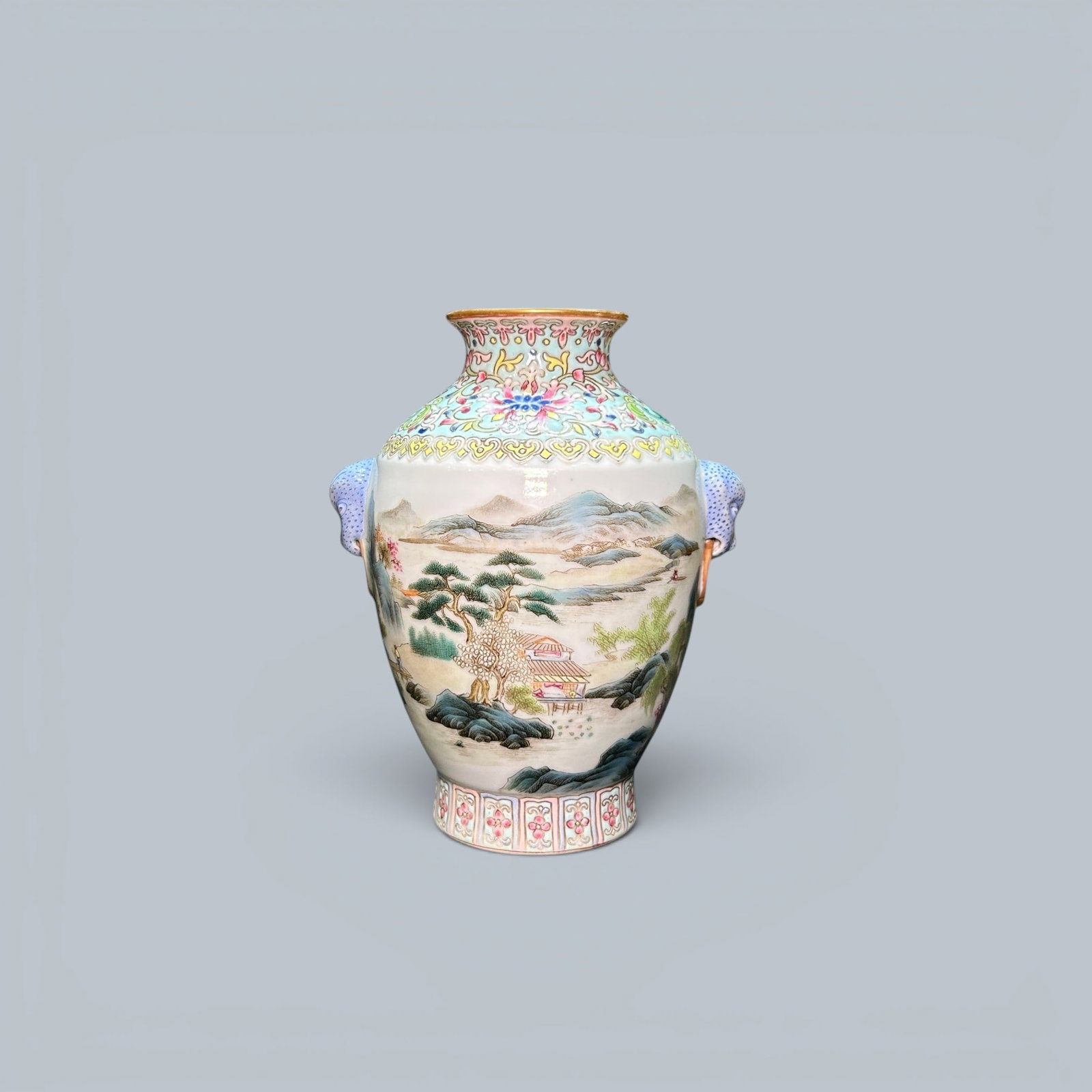 Chinese Art, A Famille Rose Vase Decorated with Figures in a Landscape, 18th-19th Century, Qing: Chinese Art, A Famille Rose Vase Decorated with Figures in a Landscape, 18th-19th Century, Qing Dynasty, Height 13.4 cm.
