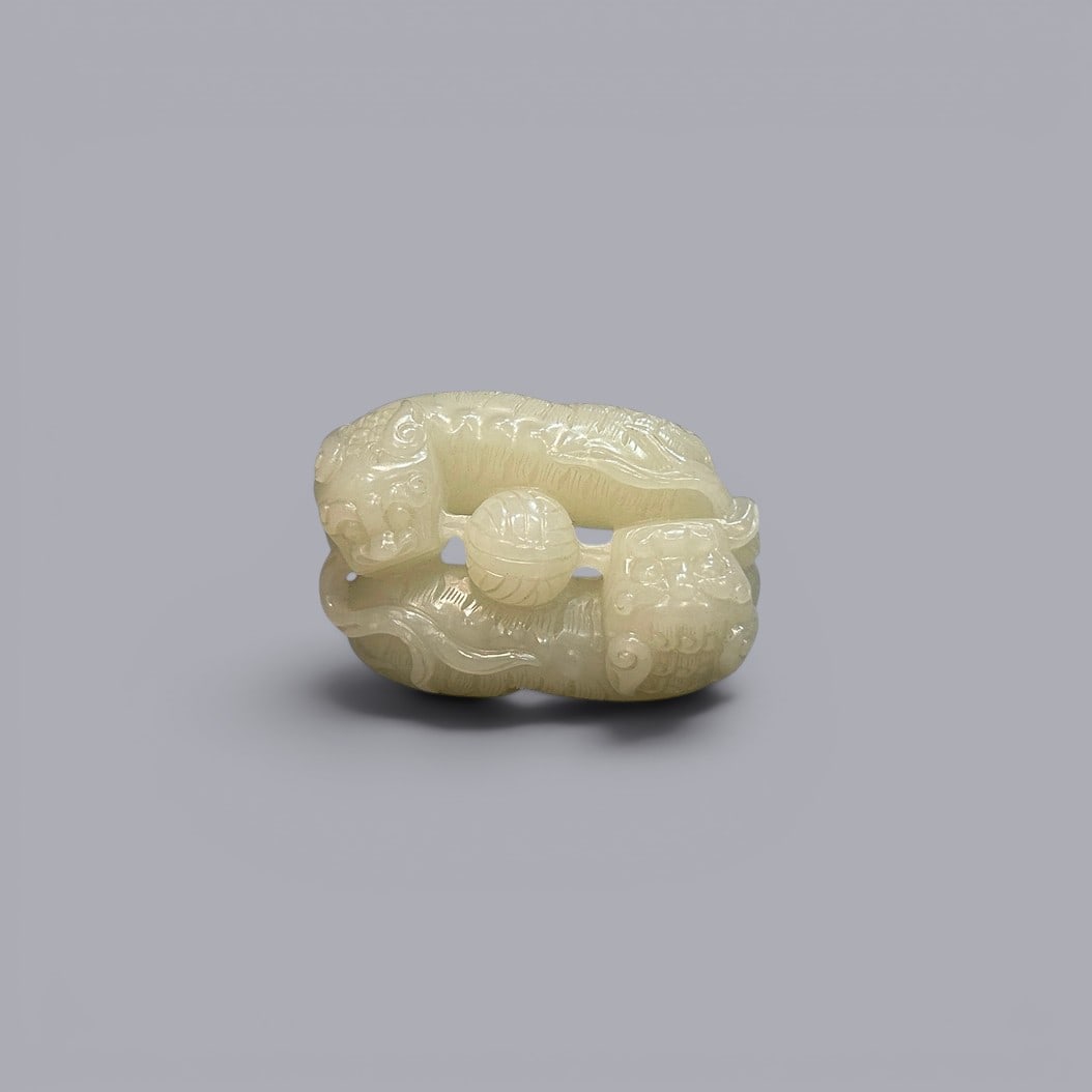 Chinese Art, A White Jade Figure of Two Lions, 17th-18th Century, Qing Dynasty (1 of 4)