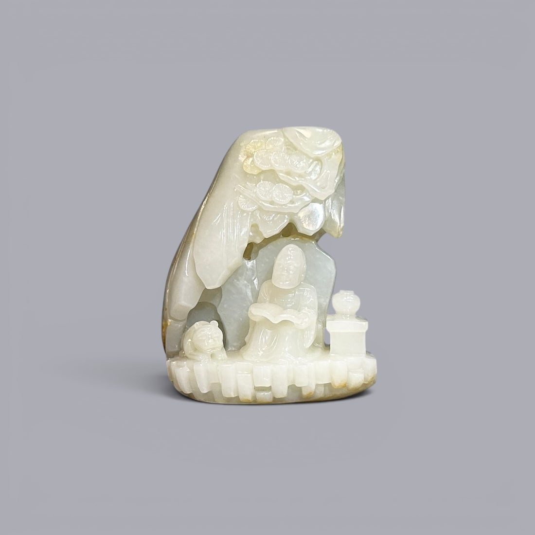 Chinese Art, A White Jade Figure of a Buddhist Deity, 17th-18th Century, Qing Dynasty: Chinese Art, A White Jade Figure of a Buddhist Deity, 17th-18th Century, Qing Dynasty, Height 9.5 cm, Width 7.5 cm.