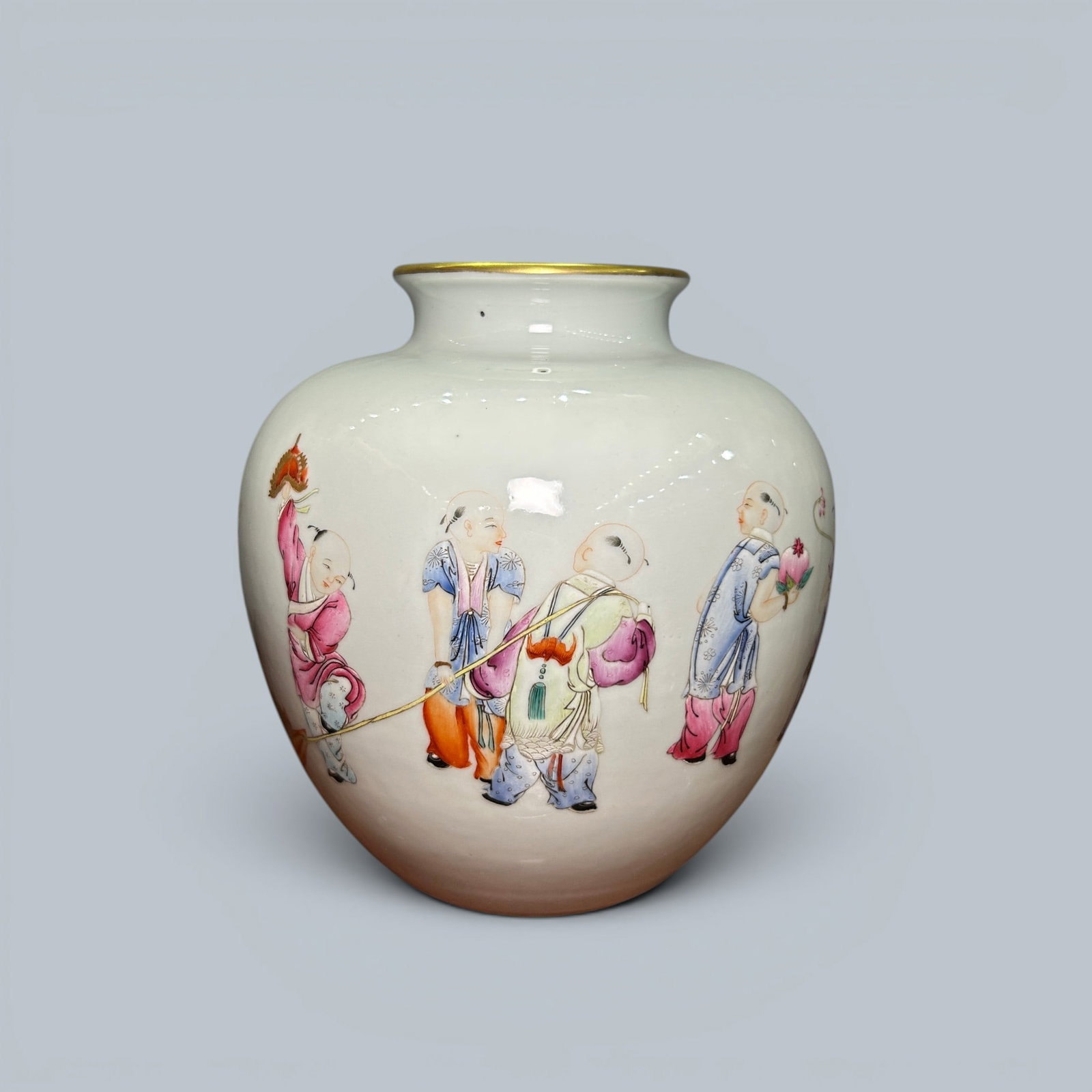 Chinese Art, A Famille Rose Jar Decorated with Figures, 18th-19th Century, Qing Dynasty: Chinese Art, A Famille Rose Jar Decorated with Figures, 18th-19th Century, Qing Dynasty, Height 16.8 cm.