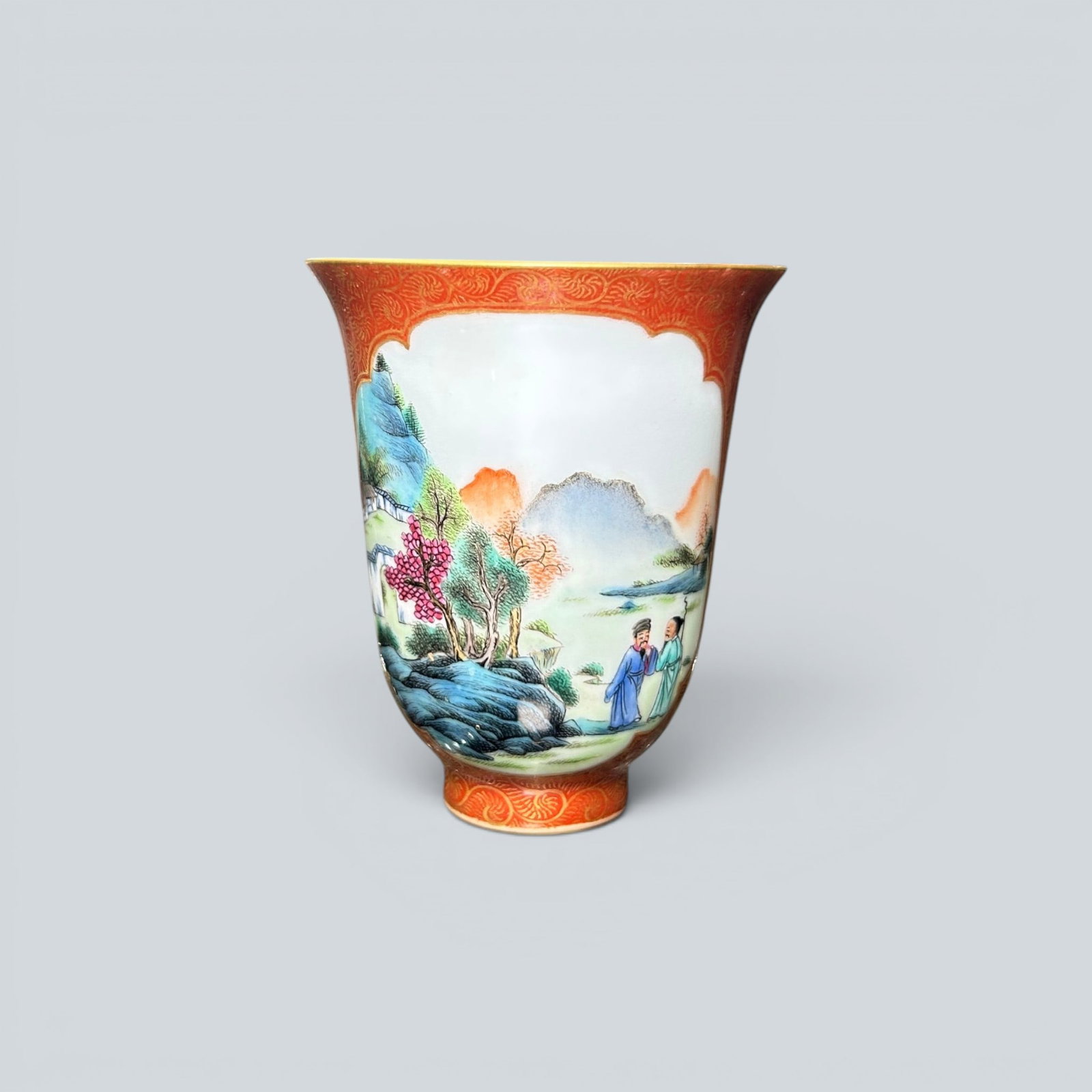 Chinese Art, A Famille Rose Cup Decorated with Figures, 19th-20th Century, Qing Dynasty: Chinese Art, A Famille Rose Cup Decorated with Figures, 19th-20th Century, Qing Dynasty, Height 8.1 cm, Diameter 6.6 cm.