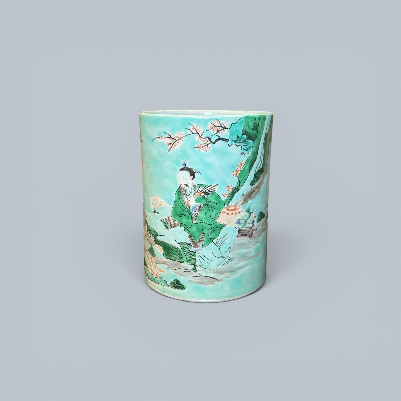 Chinese Art, A Wucai Brush Pot Decorated with Figures, 17th Century, Qing Dynasty: Chinese Art, A Wucai Brush Pot Decorated with Figures, 17th Century, Qing Dynasty, Height 13.1 cm, Diameter 9.8 cm.