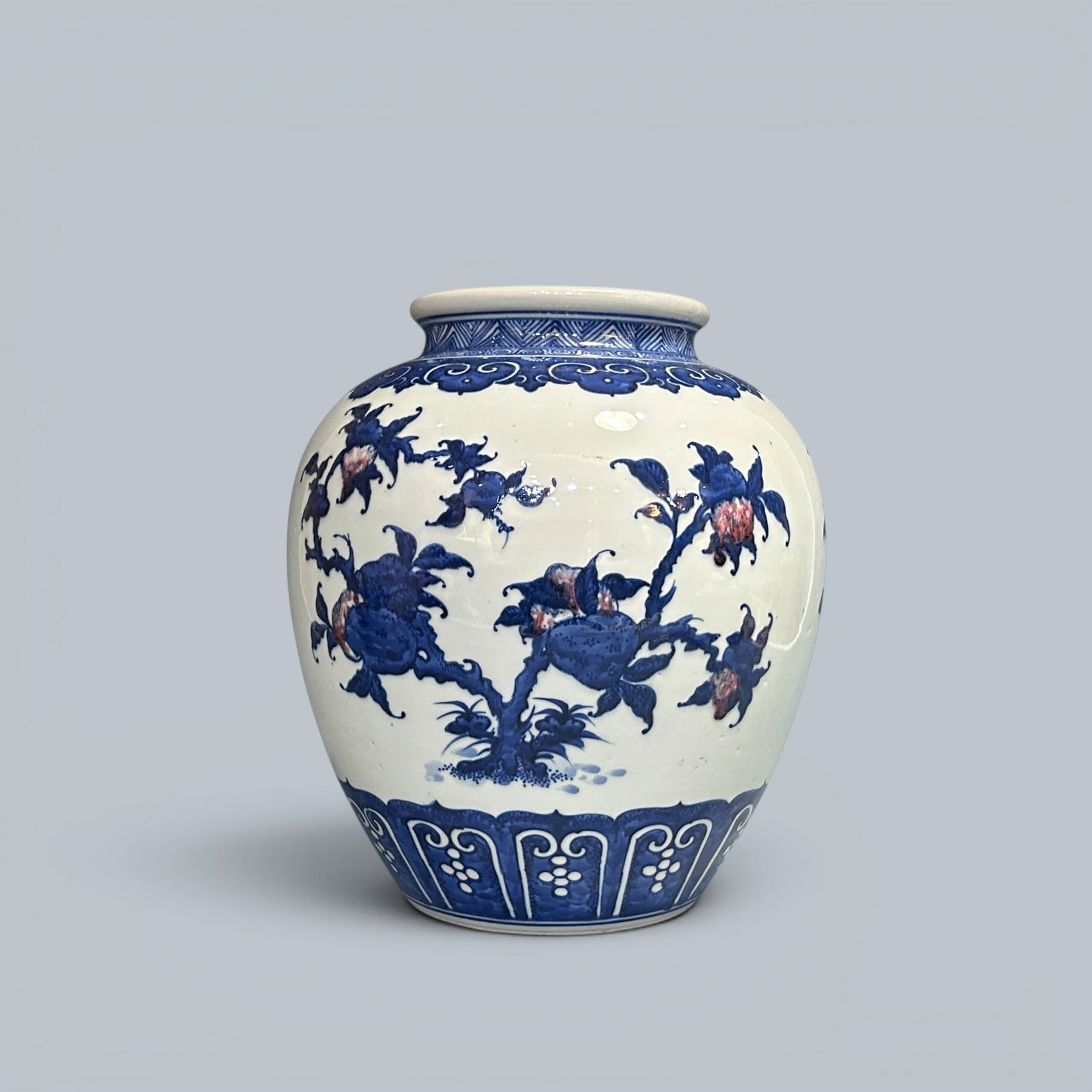 Chinese Art, An Underglaze Blue and Red Jar Decorated with Melons and Fruits, 18th Century, Qing: Chinese Art, An Underglaze Blue and Red Jar Decorated with Melons and Fruits, 18th Century, Qing Dynasty, Height 29 cm.