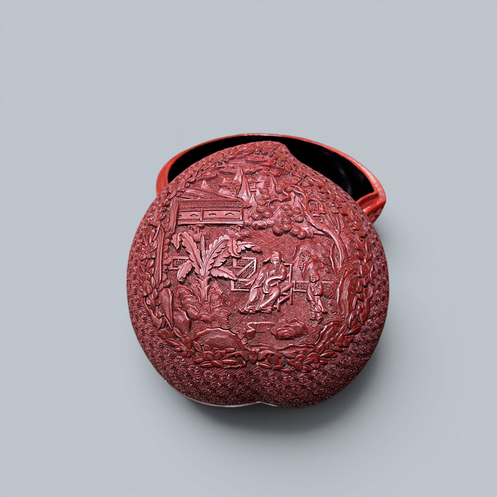 Chinese Art, A Carved Lacquer Peach-Shaped Covered Box Decorated with Figures, 18th Century, Qing (1 of 6)