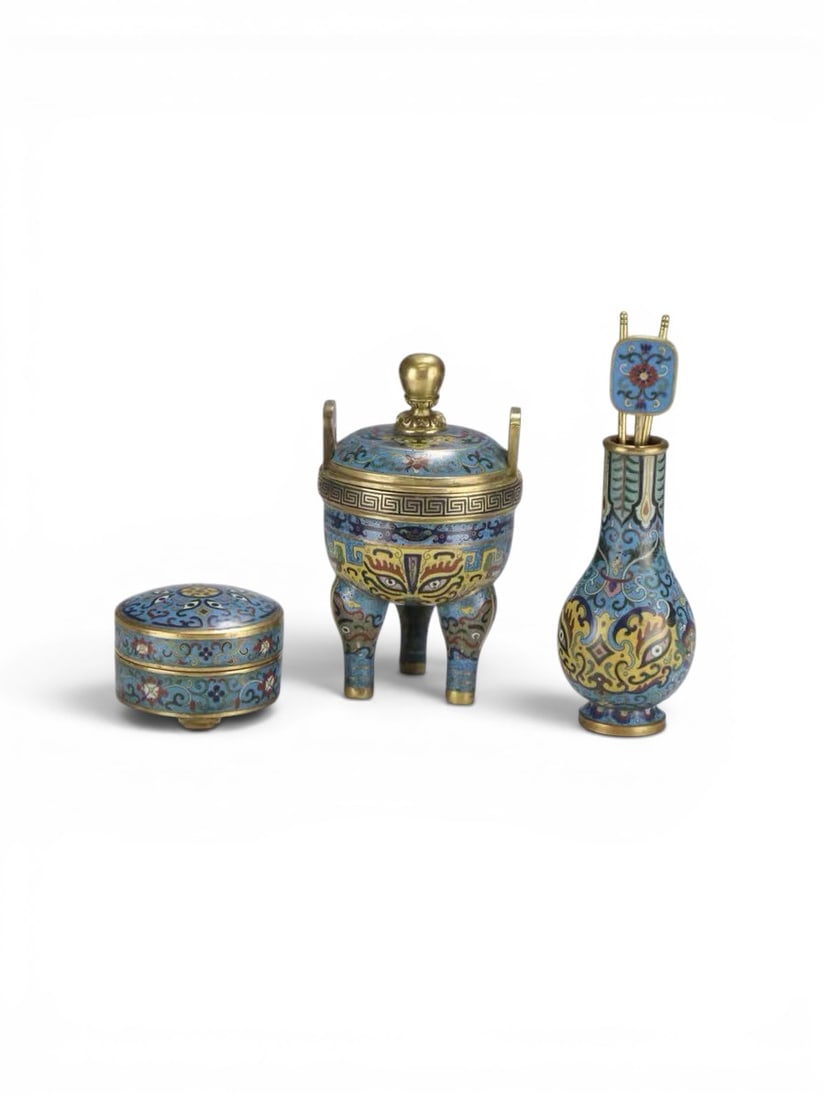 Chinese Art, A Group of Three Gilt Cloisonn Enamel Incense Utensils, 18th Century, Qing Dynasty: Chinese Art, A Group of Three Gilt Cloisonn Enamel Incense Utensils, 18th Century, Qing Dynasty, Heights 5 cm, 18.5 cm and 23 cm.