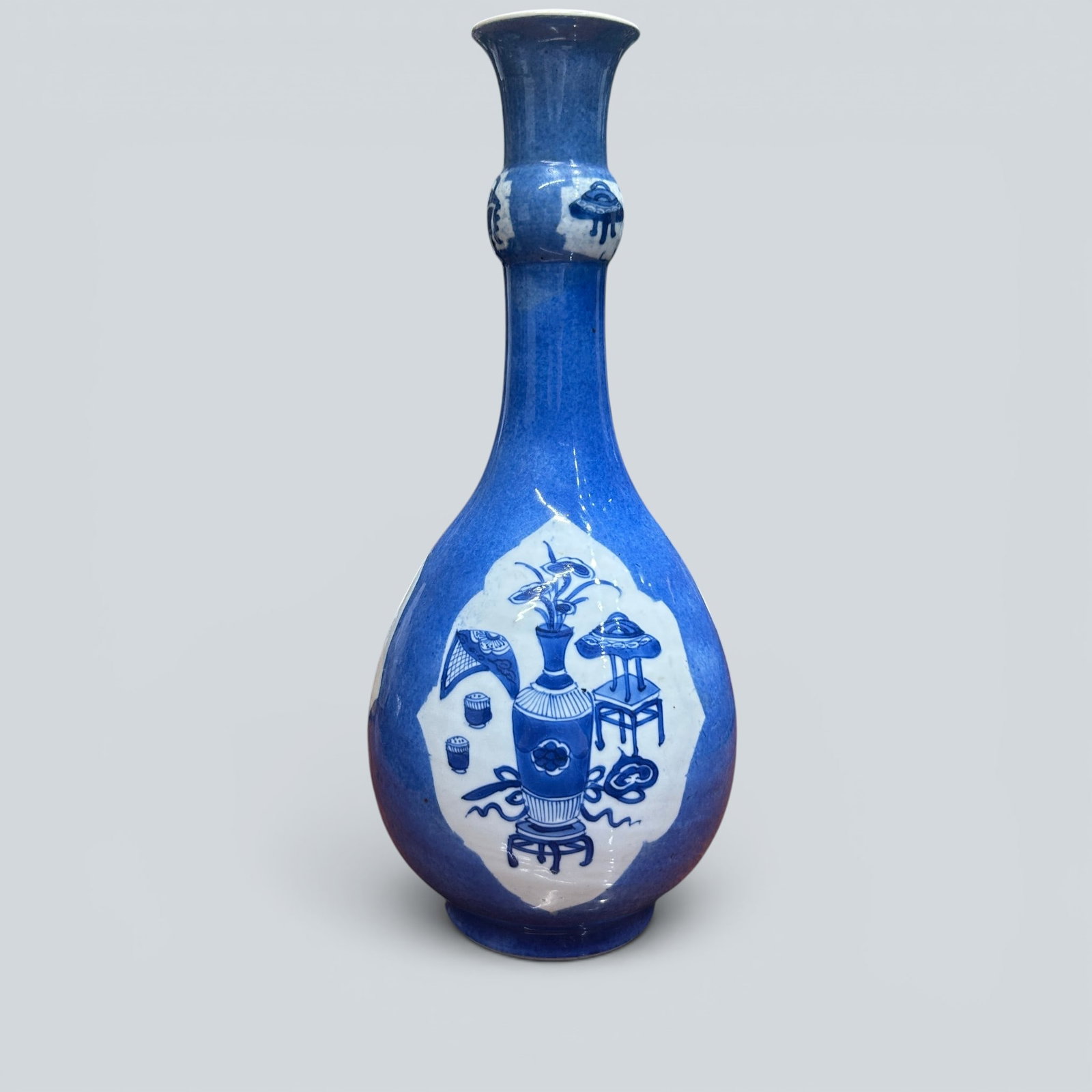Chinese Art, A Blue and White Vase Decorated with Antiquities, 17th Century, Qing Dynasty: Chinese Art, A Blue and White Vase Decorated with Antiquities, 17th Century, Qing Dynasty, Height 31.3 cm.
