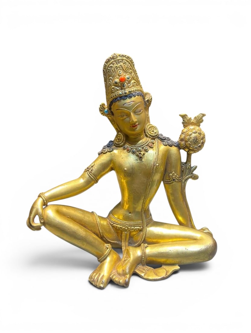 Himalayan Art, Tibet, A Gilt-Bronze Figure of Avalokiteshvara in Royal Ease, 16th-18th Century: Himalayan Art, Tibet, A Gilt-Bronze Figure of Avalokiteshvara in Royal Ease, 16th-18th Century, Height 20 cm, Width 16 cm.