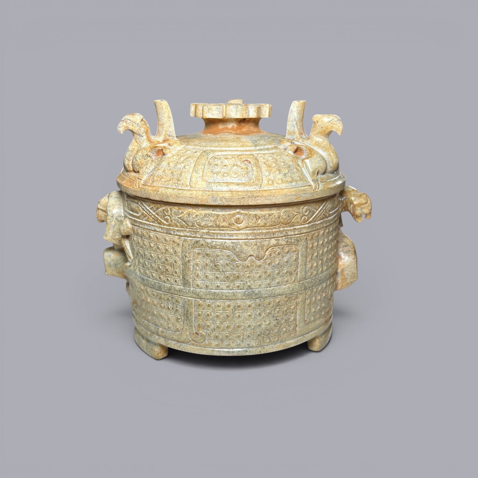 Chinese Art, A Jade Jar Decorated with Birds, 3rd Century BC-3rd Century AD, Han Dynasty: Chinese Art, A Jade Jar Decorated with Birds, 3rd Century BC-3rd Century AD, Han Dynasty, Height 10 cm, Width 13 cm.