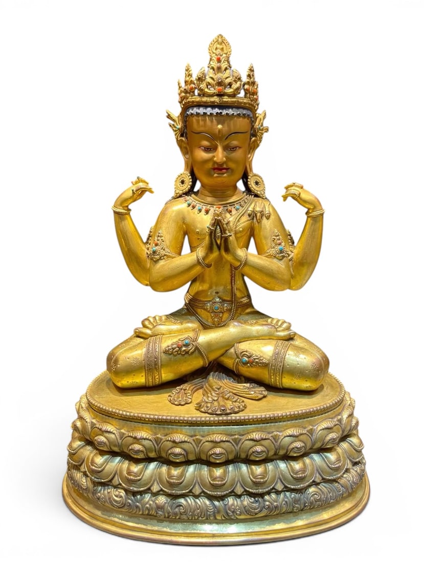 Himalayan Art, Tibet, A Gilt-Bronze Figure of Four-Armed Avalokiteshvara, 16th-18th Century: Himalayan Art, Tibet, A Gilt-Bronze Figure of Four-Armed Avalokiteshvara, 16th-18th Century, Height 44.5 cm .