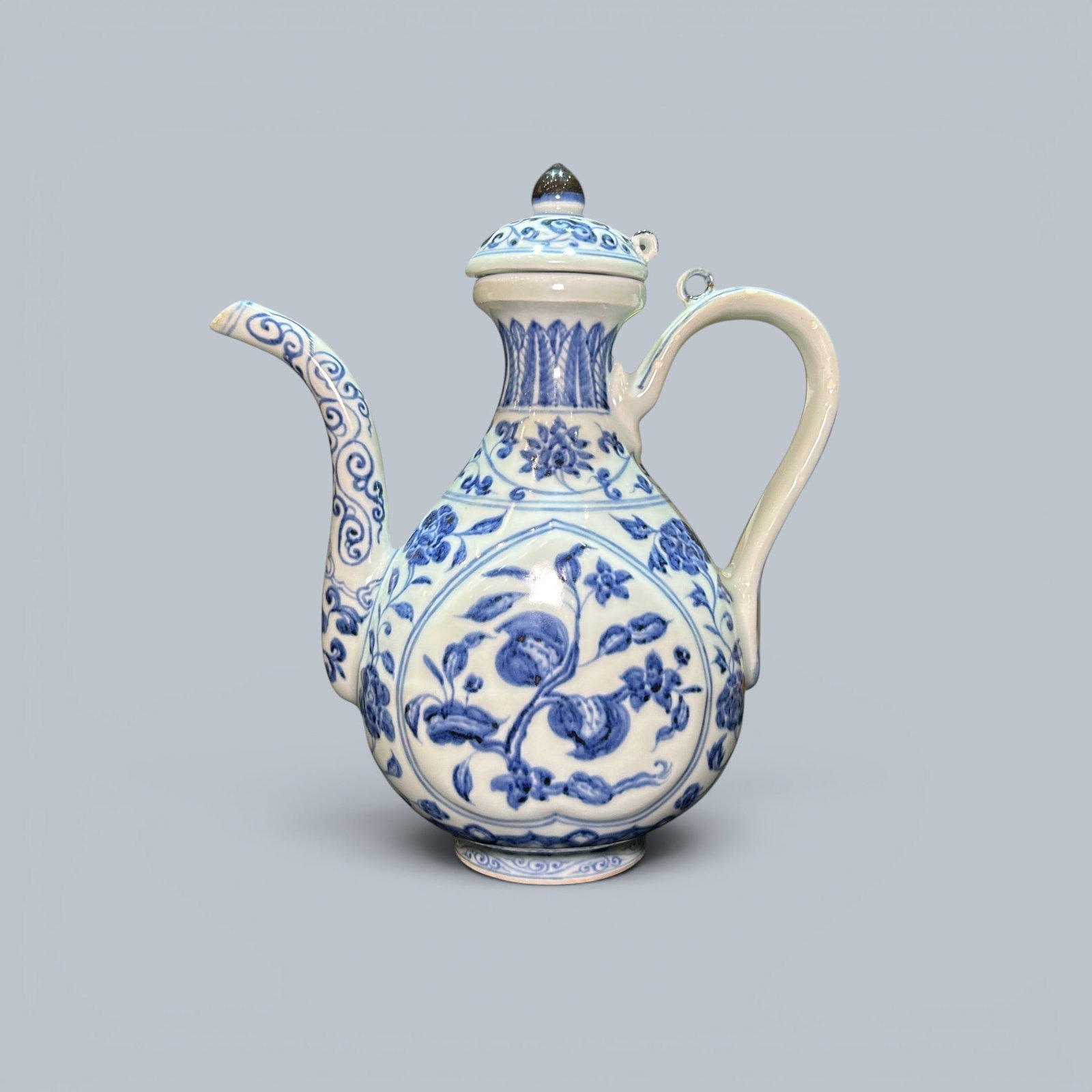 Chinese Art, A Blue and White Ewer Decorated with Melons and Fruits, 15th Century, Ming Dynasty: Chinese Art, A Blue and White Ewer Decorated with Melons and Fruits, 15th Century, Ming Dynasty, Height 25 cm.