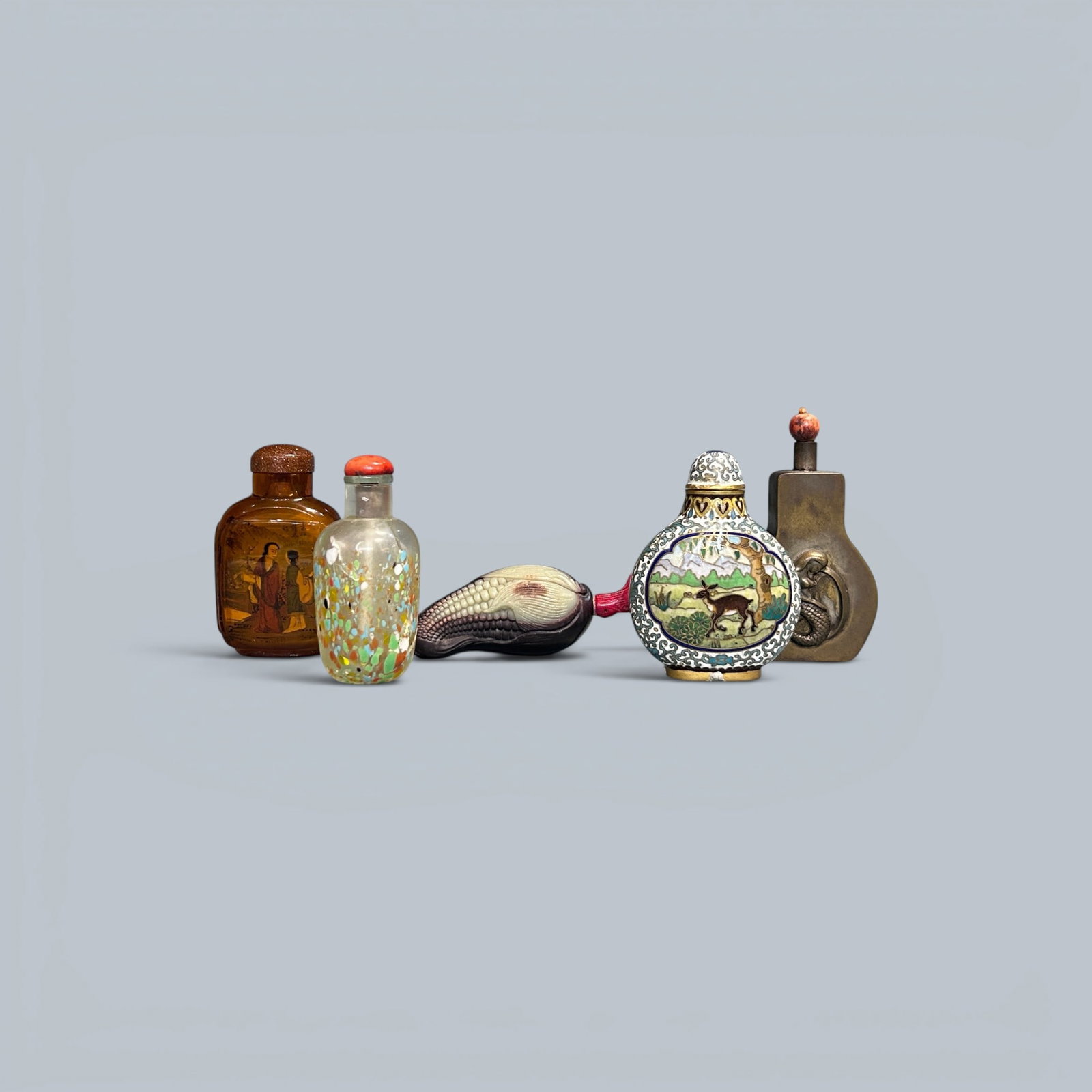 Chinese Art, A Group of Five Snuff Bottles of Various Materials, 18th-19th Century, Qing Dynasty (1 of 4)