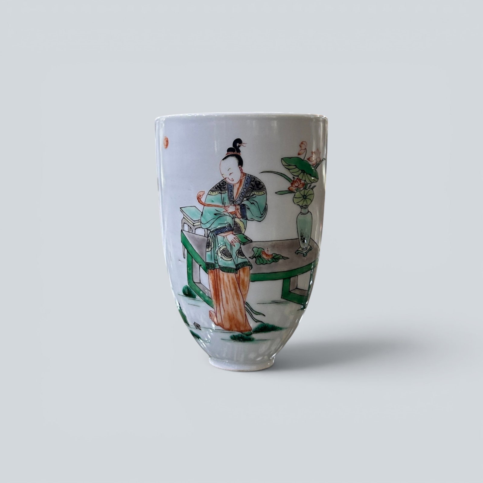 Chinese Art, A Wucai Cup Decorated with Figures, 17th Century, Qing Dynasty: Chinese Art, A Wucai Cup Decorated with Figures, 17th Century, Qing Dynasty, Height 10.8 cm, Diameter 11 cm.