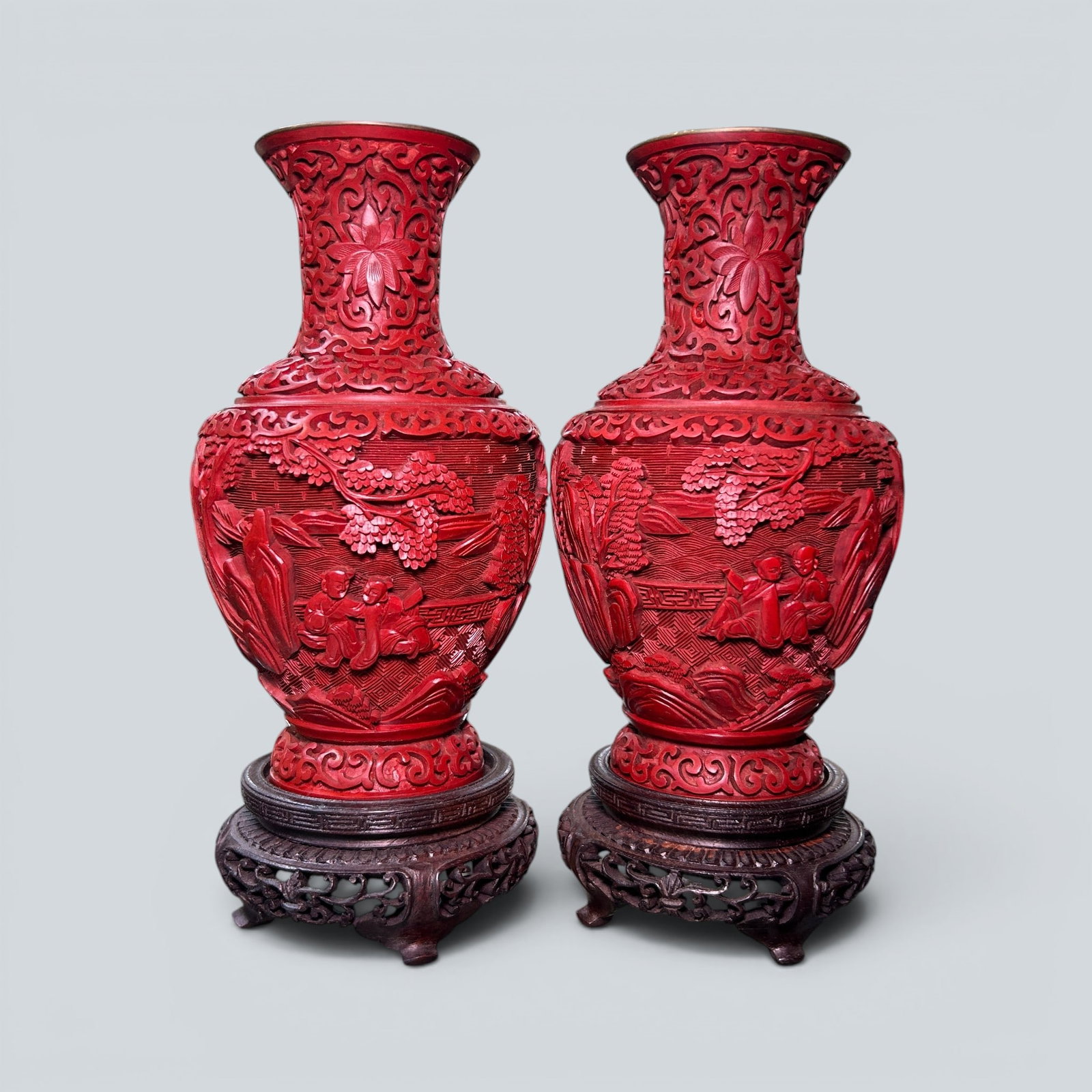 Chinese Art, A Carved Lacquer Vase Decorated with Figures, 18th-19th Century, Qing Dynasty (1 of 3)
