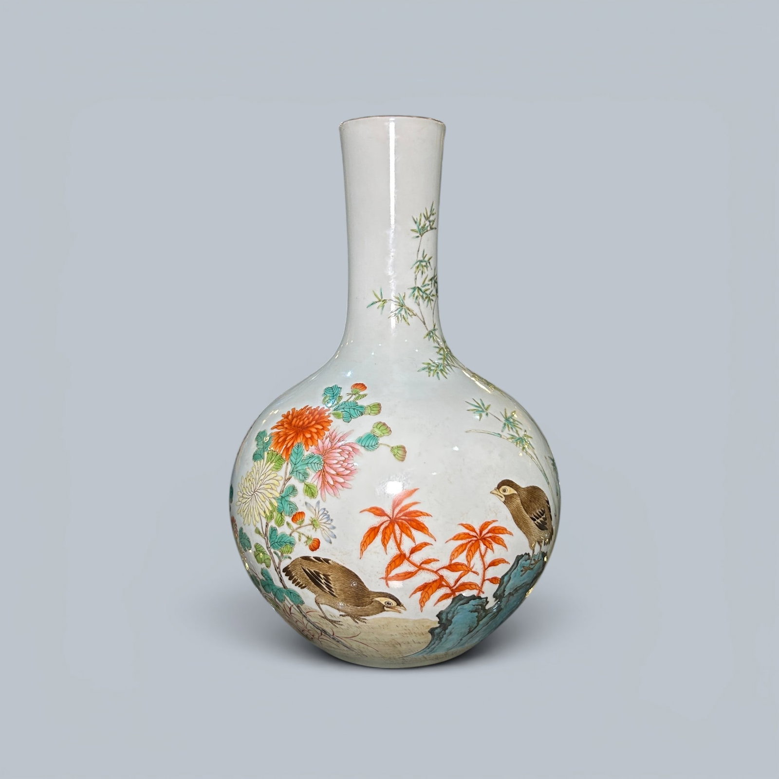 Chinese Art, A Famille Rose Vase Decorated with Birds and Flowers, 19th Century, Qing Dynasty: Chinese Art, A Famille Rose Vase Decorated with Birds and Flowers, 19th Century, Qing Dynasty, Height 33 cm.