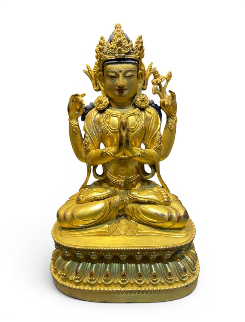 Himalayan Art, Tibet, A Gilt-Bronze Figure of Four-Armed Avalokiteshvara, 16th-18th Century: Himalayan Art, Tibet, A Gilt-Bronze Figure of Four-Armed Avalokiteshvara, 16th-18th Century, Height 25 cm Condition.