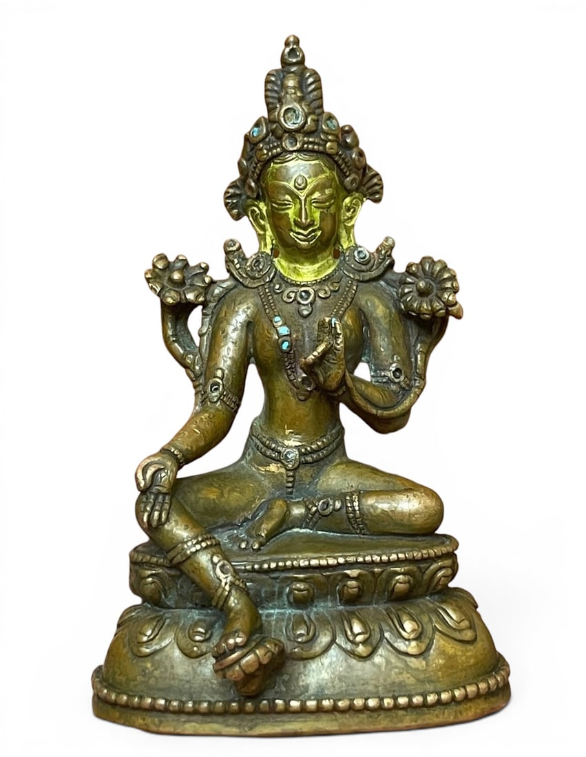 Himalayan Art, Tibet, A Partially Gilt-Bronze Figure of Green Tara, 16th-17th Century: Himalayan Art, Tibet, A Partially Gilt-Bronze Figure of Green Tara, 16th-17th Century, Height 10 cm.