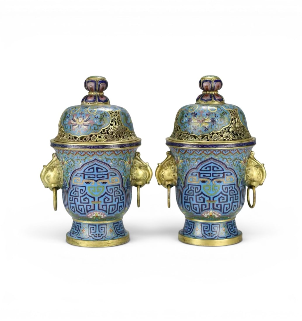 Chinese Art, A Pair of Gilt Cloisonn Enamel Incense Burners, 18th Century, Qing Dynasty: Chinese Art, A Pair of Gilt Cloisonn Enamel Incense Burners, 18th Century, Qing Dynasty, Height 31 cm, Width 19 cm.