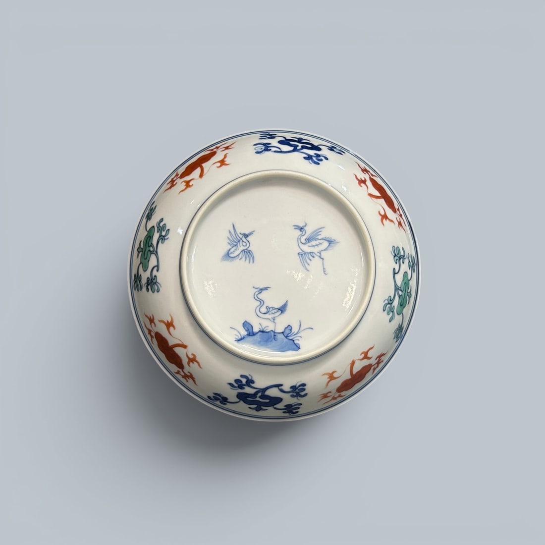 Chinese Art, A Doucai Dish Decorated with Cranes and Lingzhi, 18th Century, Qing Dynasty: Chinese Art, A Doucai Dish Decorated with Cranes and Lingzhi, 18th Century, Qing Dynasty, Diameter 15.6 cm.