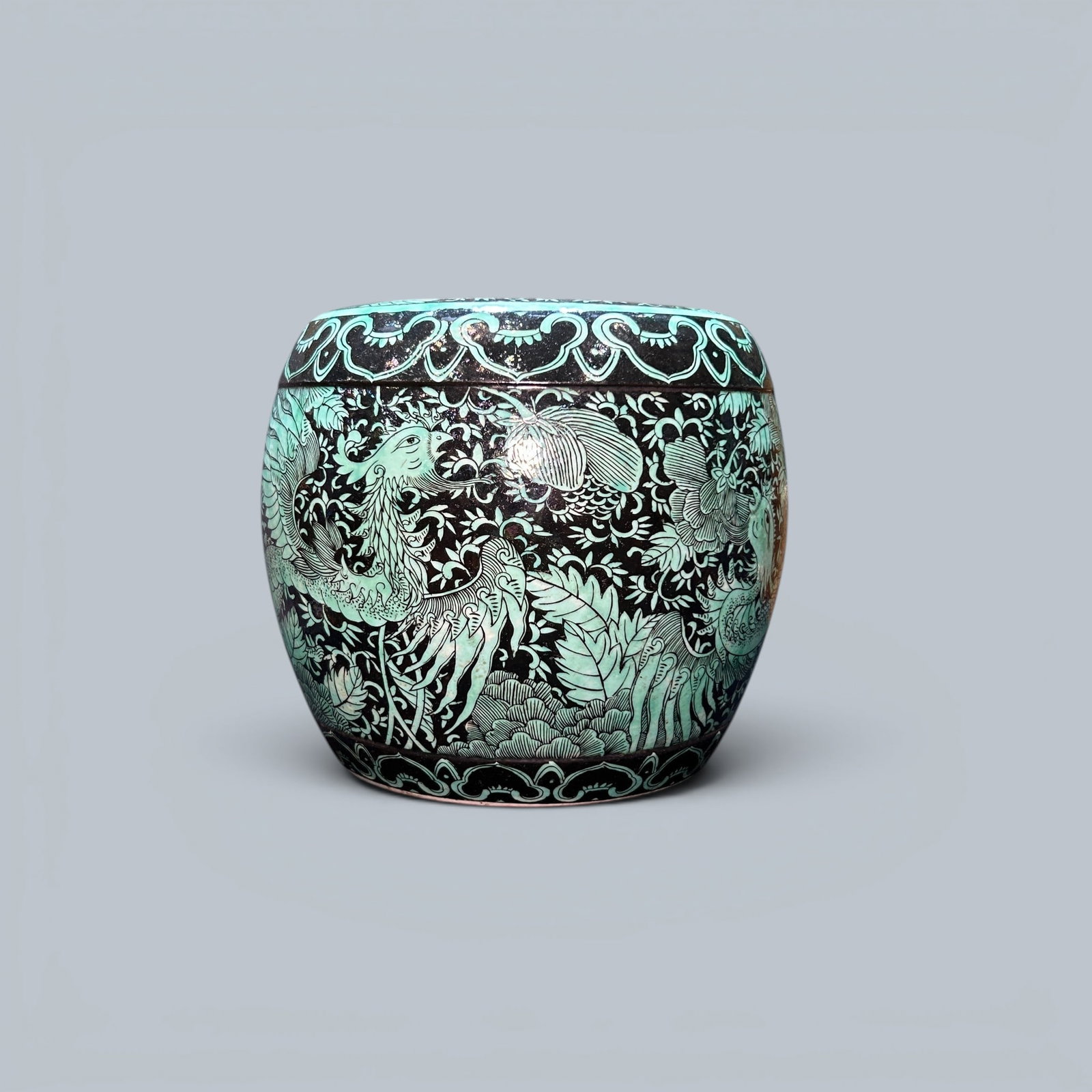Chinese Art, A Green-Glazed Porcelain Garden Seat Decorated with Phoenixes, 18th Century, Qing (1 of 8)